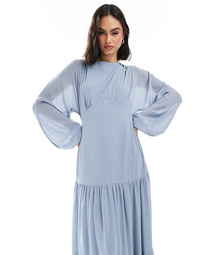 Asos TFNC Bridesmaid Chiffon Maxi Dress With Tiered Skirt In Dusty Blue