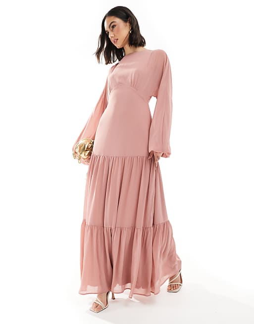 asos TFNC Bridesmaid chiffon maxi dress with tiered skirt in dusky pink