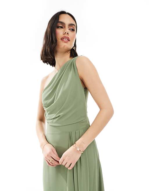 Asos TFNC Bridesmaid Chiffon Maxi Dress With Wrap Skirt In Dark Green