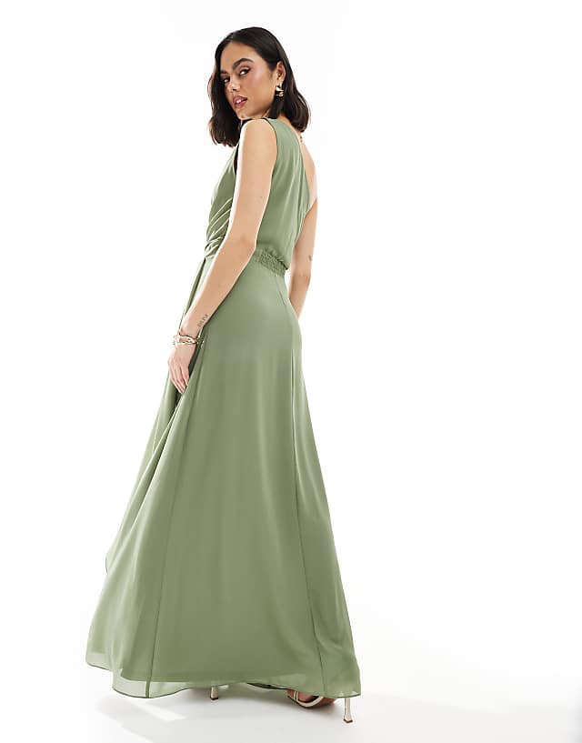 Asos TFNC Bridesmaid Chiffon Maxi Dress With Wrap Skirt In Dark Green