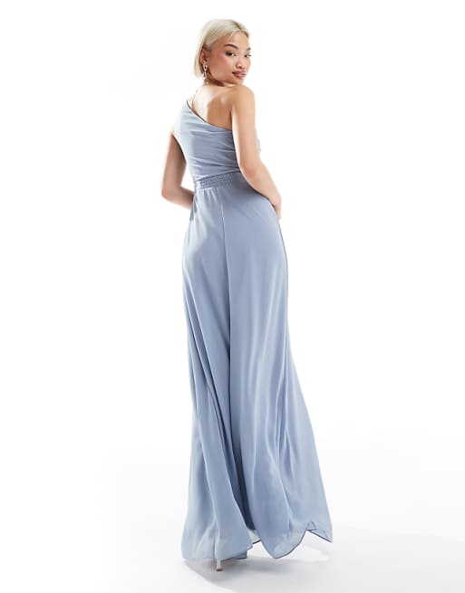 Asos TFNC Bridesmaid Chiffon Maxi Dress With Wrap Skirt In Dusty Blue