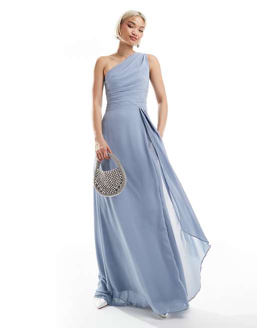asos TFNC Bridesmaid chiffon maxi dress with wrap skirt in dusty blue
