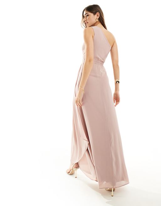 Asos TFNC Bridesmaid Chiffon One Shoulder Drape Maxi Dress In Soft Pink