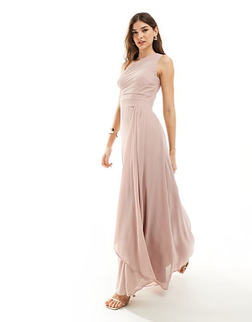 asos TFNC Bridesmaid chiffon one shoulder drape maxi dress in soft pink