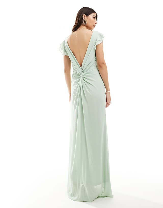 Asos TFNC Bridesmaid Chiffon Twist Back Maxi Dress With Flutter Sleeve In Navy