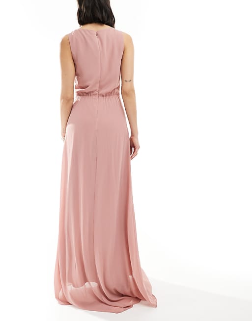 Asos TFNC Bridesmaid Chiffon Wrap Front Maxi Dress With Wrap Skirt In Dusky Pink
