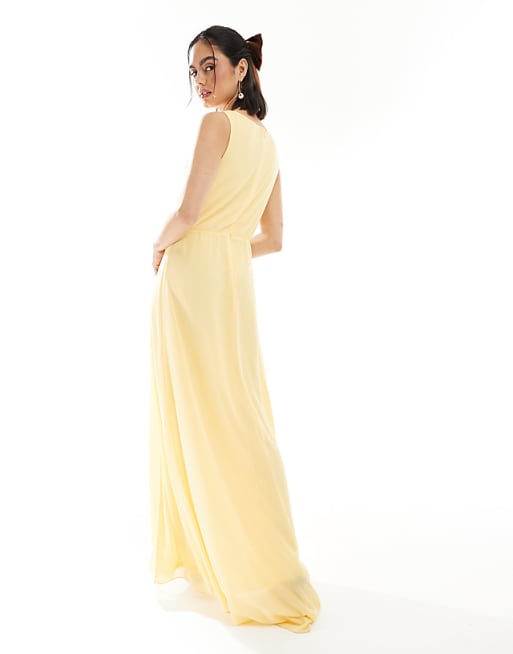 Asos TFNC Bridesmaid Chiffon Wrap Front Maxi Dress With Wrap Skirt In Lemon