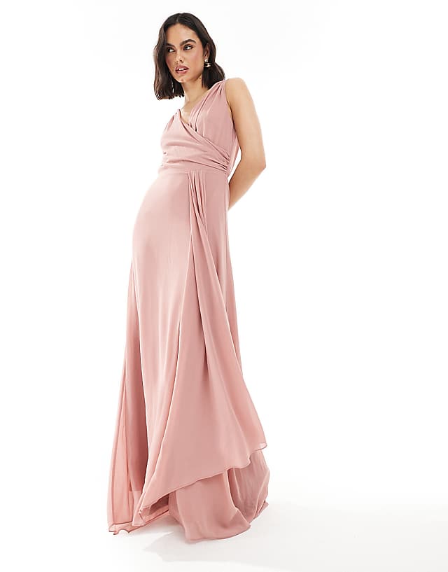asos TFNC Bridesmaid chiffon wrap front maxi dress with wrap skirt in dusky pink