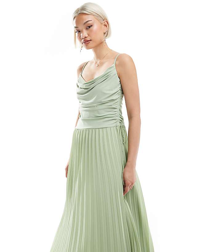 Asos TFNC Bridesmaid Cowl Neck Maxi Dress With Pleated Skirt In Sage Green
