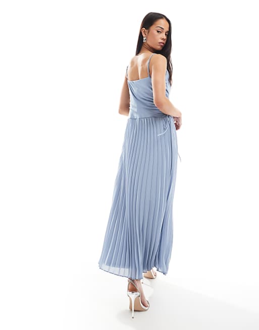 Asos TFNC Bridesmaid Cowl Neck Maxi Dress With Pleated Skirt In Dusty Blue