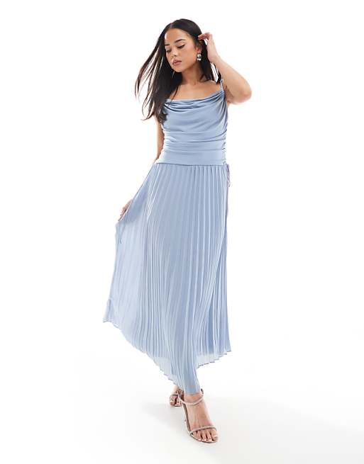 asos TFNC Bridesmaid cowl neck maxi dress with pleated skirt in dusty blue