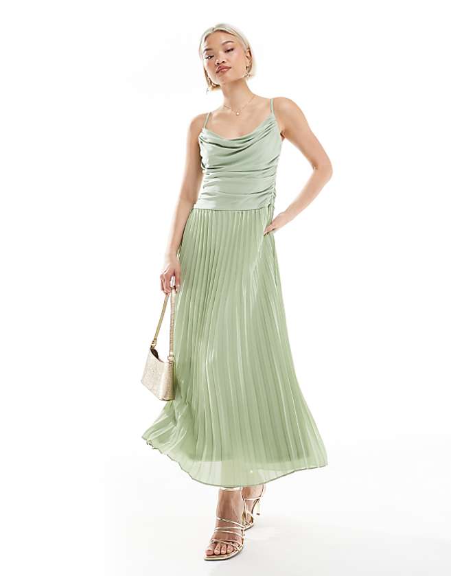 asos TFNC Bridesmaid cowl neck maxi dress with pleated skirt in sage green