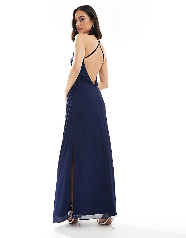 Asos TFNC Bridesmaid Cross Front Maxi Dress With Cowl Back In Navy
