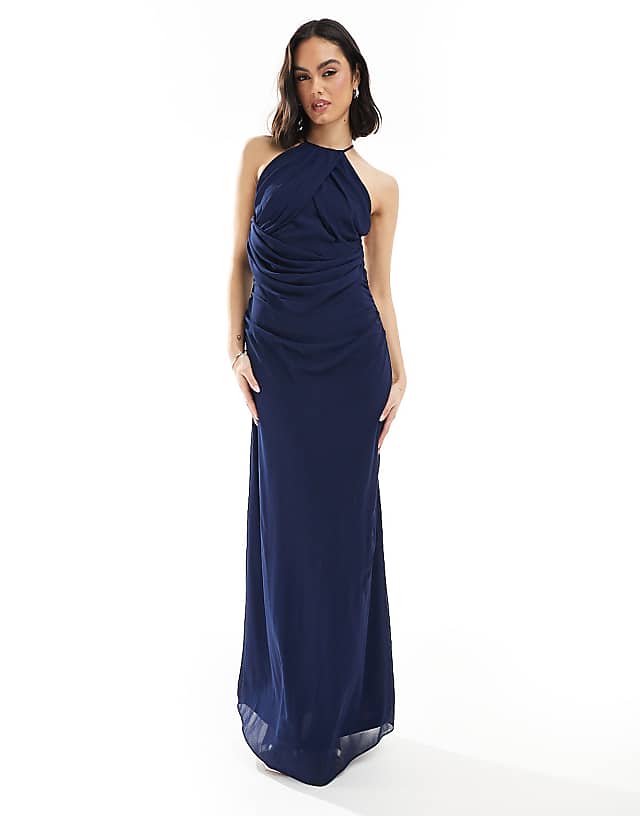 asos TFNC Bridesmaid cross front maxi dress with cowl back in navy