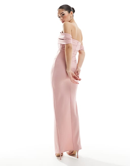 Asos TFNC Bridesmaid Fallen Shoulder Maxi Dress With Split In Dusky Pink