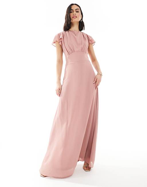 Asos TFNC Bridesmaid Flutter Sleeve Cowl Back Chiffon Maxi Dress In Dusky Pink