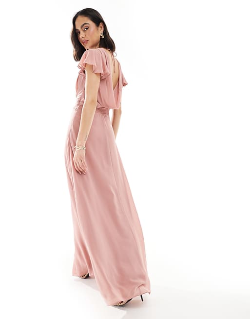 Asos TFNC Bridesmaid Flutter Sleeve Cowl Back Chiffon Maxi Dress In Dusky Pink