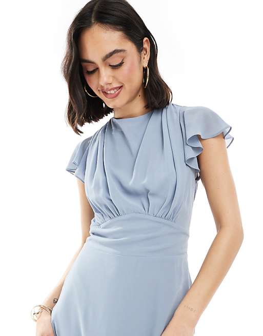 Asos TFNC Bridesmaid Flutter Sleeve Cowl Back Chiffon Maxi Dress In Dusty Blue