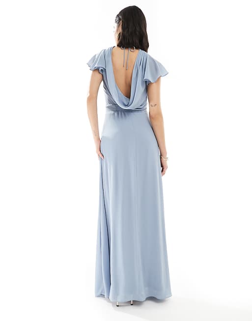 Asos TFNC Bridesmaid Flutter Sleeve Cowl Back Chiffon Maxi Dress In Dusty Blue
