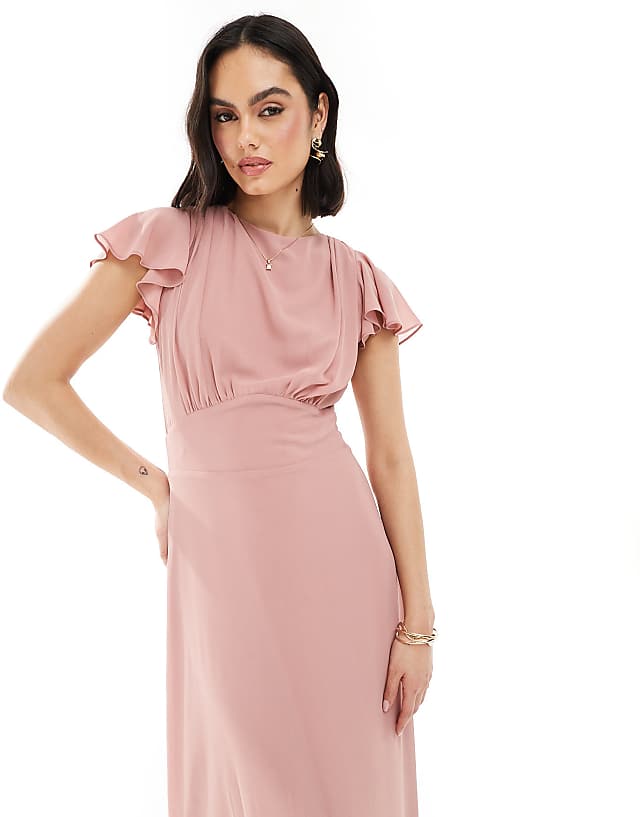 asos TFNC Bridesmaid flutter sleeve cowl back chiffon maxi dress in dusky pink