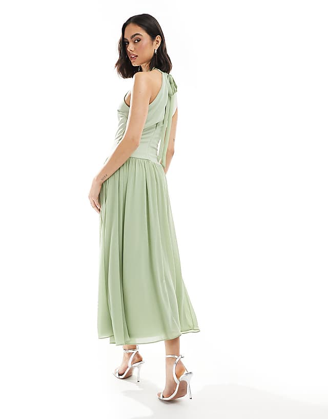 Asos TFNC Bridesmaid High Neck Maxi Dress With Full Skirt In Sage Green