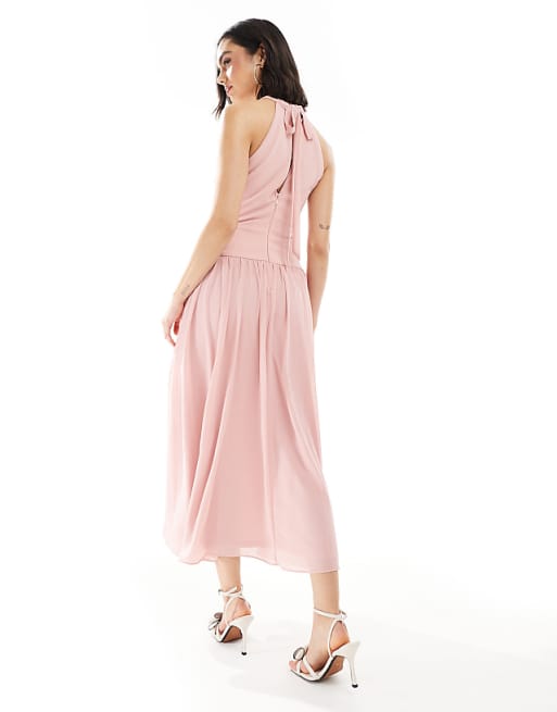 Asos TFNC Bridesmaid High Neck Maxi Dress With Full Skirt In Dusky Pink