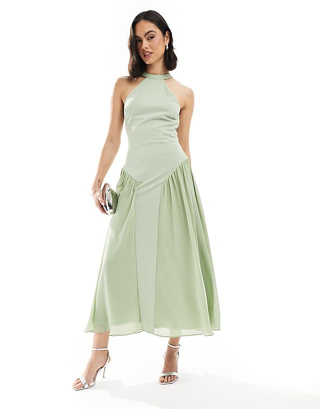 asos TFNC Bridesmaid high neck maxi dress with full skirt in sage green