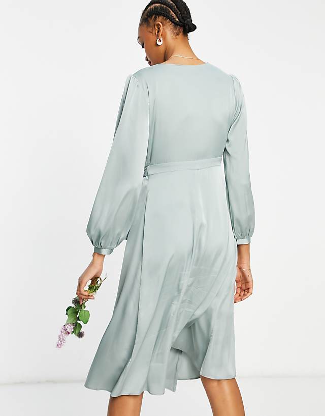 Asos TFNC Bridesmaid Long Sleeve Wrap Front Sateen Midi Dress With Belt In Sage