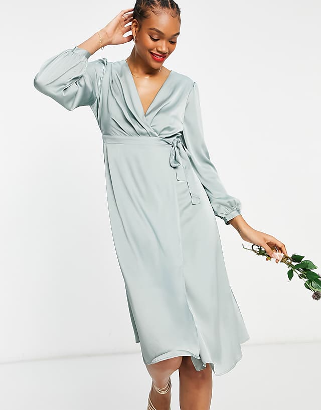 Asos TFNC Bridesmaid Long Sleeve Wrap Front Sateen Midi Dress With Belt In Sage