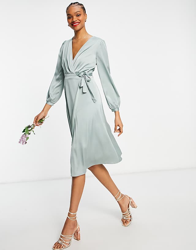 asos TFNC bridesmaid long sleeve wrap front sateen midi dress with belt in sage