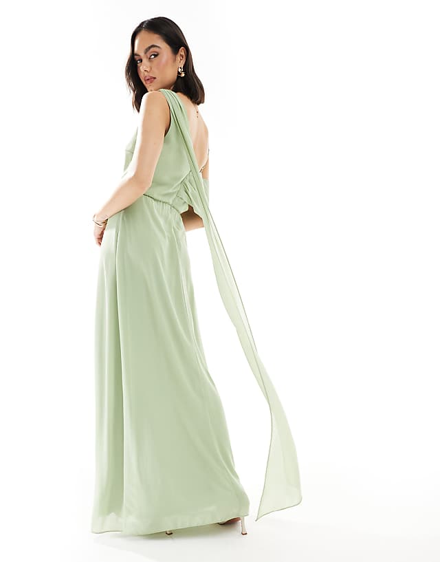 Asos TFNC Bridesmaid One Shoulder Drape Maxi Dress With Wrap Skirt In Sage Green