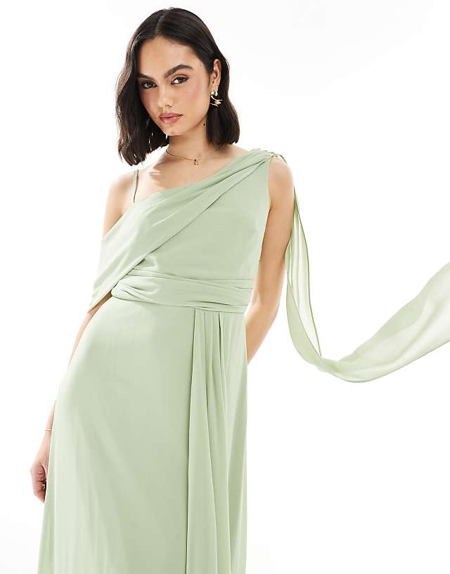 Asos TFNC Bridesmaid One Shoulder Drape Maxi Dress With Wrap Skirt In Sage Green