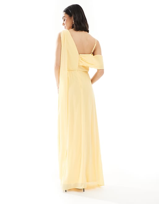 Asos TFNC Bridesmaid One Shoulder Drape Maxi Dress With Wrap Skirt In Lemon