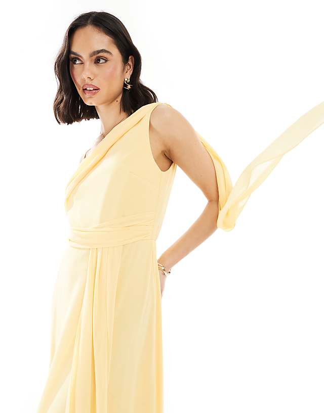 Asos TFNC Bridesmaid One Shoulder Drape Maxi Dress With Wrap Skirt In Lemon