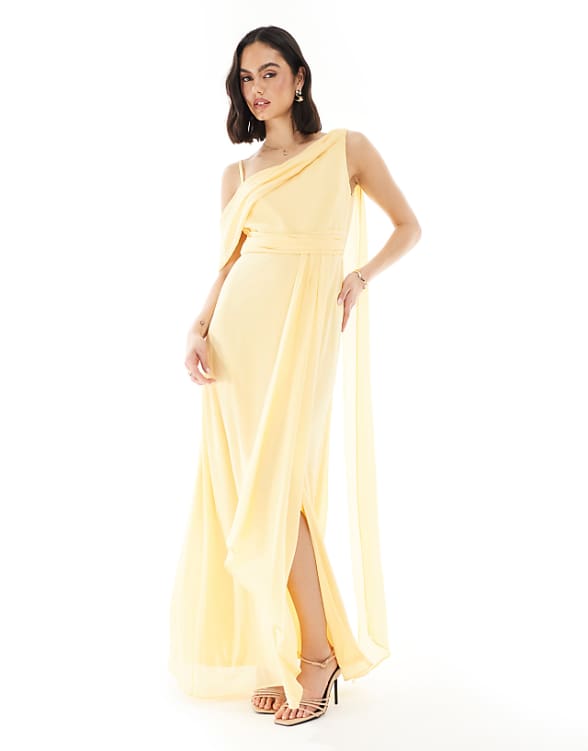 asos TFNC Bridesmaid one shoulder drape maxi dress with wrap skirt in lemon