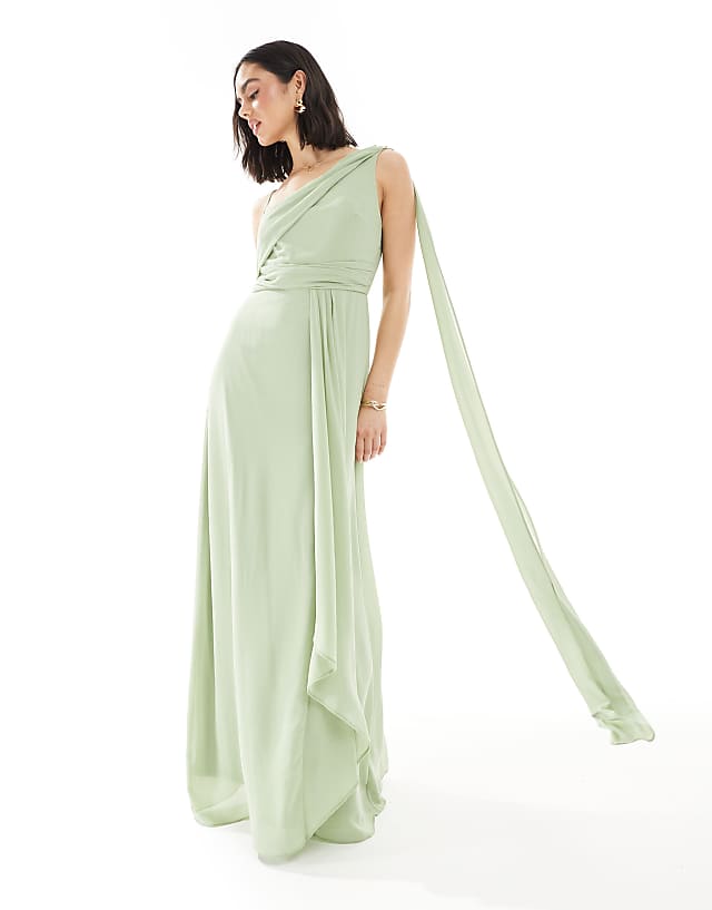 asos TFNC Bridesmaid one shoulder drape maxi dress with wrap skirt in sage green
