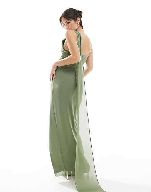 Asos TFNC Bridesmaid One Shoulder Maxi Dress With Twist Front And Scarf Detail In Dark Green