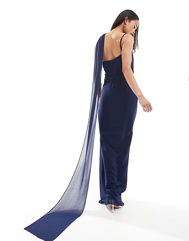 Asos TFNC Bridesmaid One Shoulder Maxi Dress With Twist Front And Scarf Detail In Navy