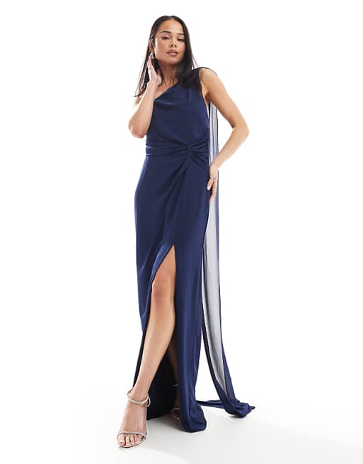 asos TFNC Bridesmaid one shoulder maxi dress with twist front and scarf detail in navy