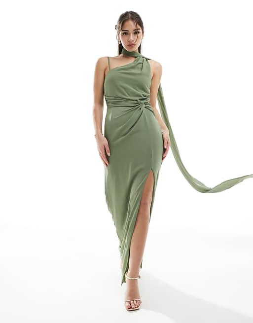 asos TFNC Bridesmaid one shoulder maxi dress with twist front and scarf detail in dark green