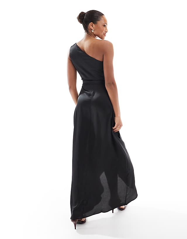 Asos TFNC Bridesmaid One Shoulder Satin Maxi Dress In Black