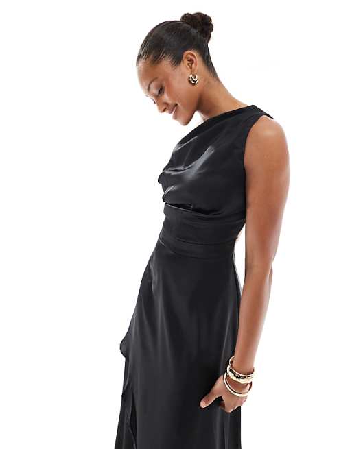 Asos TFNC Bridesmaid One Shoulder Satin Maxi Dress In Black