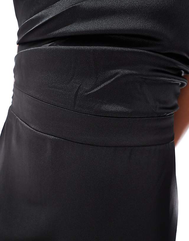 Asos TFNC Bridesmaid One Shoulder Satin Maxi Dress In Black