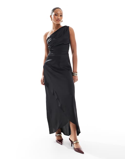 asos TFNC Bridesmaid one shoulder satin maxi dress in black