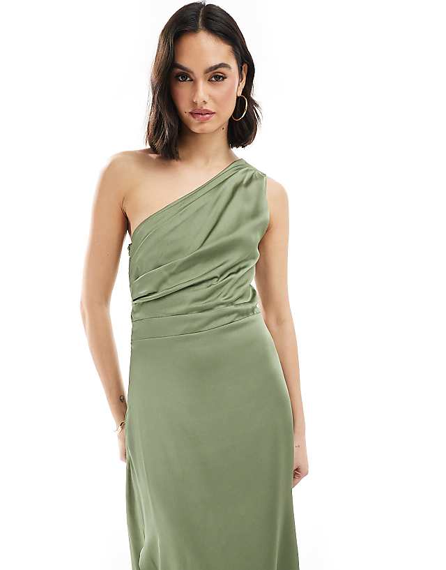 Asos TFNC Bridesmaid One Shoulder Satin Maxi Dress With Wrap Skirt In Dark Green