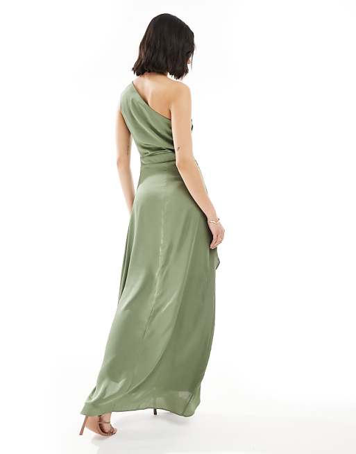 Asos TFNC Bridesmaid One Shoulder Satin Maxi Dress With Wrap Skirt In Dark Green