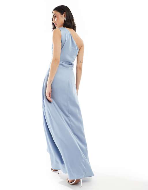 Asos TFNC Bridesmaid One Shoulder Satin Maxi Dress With Wrap Skirt In Dusty Blue