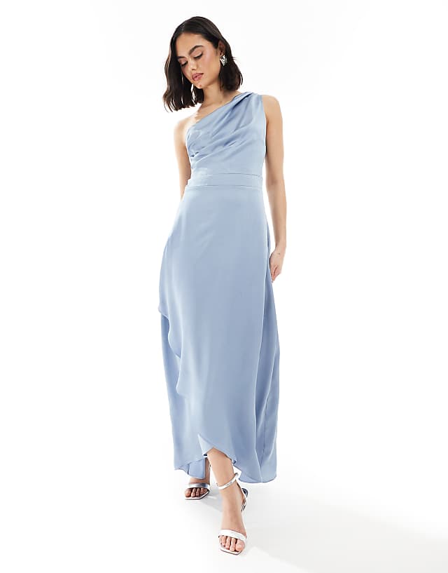 asos TFNC Bridesmaid one shoulder satin maxi dress with wrap skirt in dusty blue