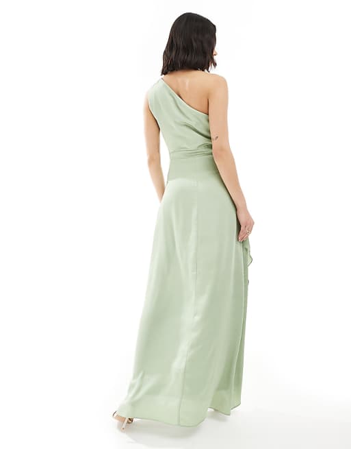 Asos TFNC Bridesmaid One Shoulder Satin Maxi Dress With Wrap Skirt In Sage Green