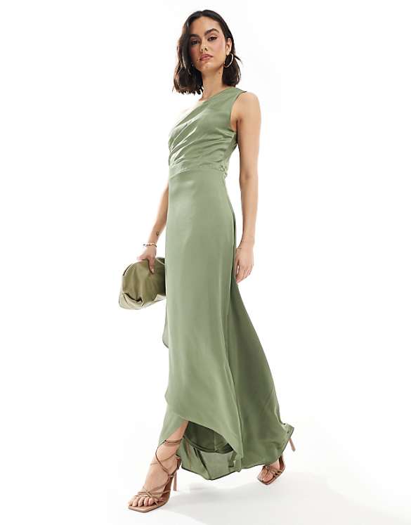 asos TFNC Bridesmaid one shoulder satin maxi dress with wrap skirt in dark green